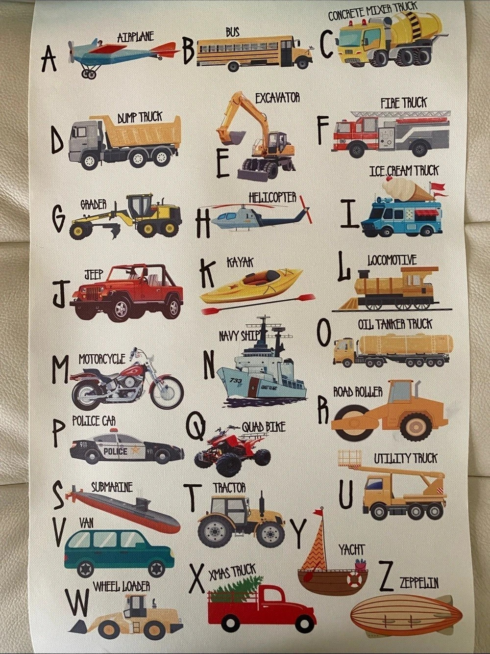 Vehicles Alphabet Fabric Panel with number place value strip
